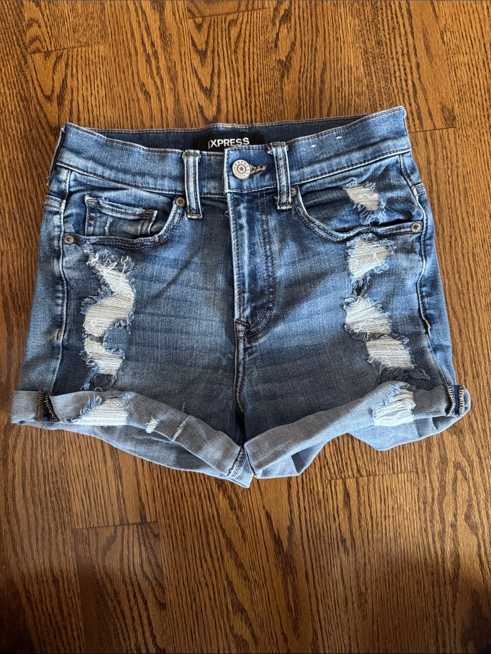 Express Distressed High-Rise Rolled Hem Jean Shorts - Light Blue